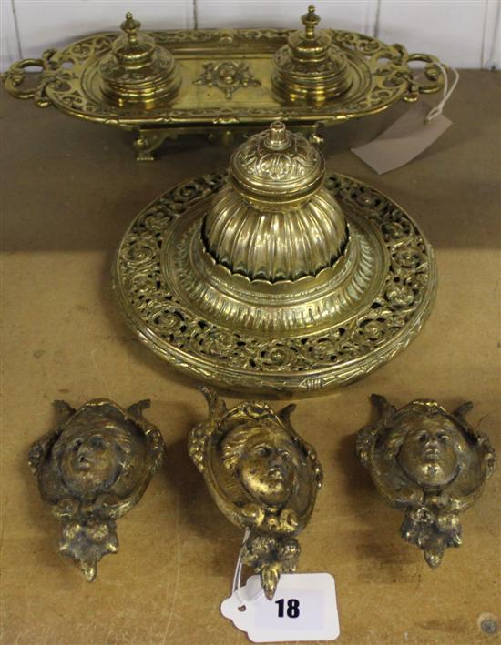 Pair of brass inkwells, brass garniture